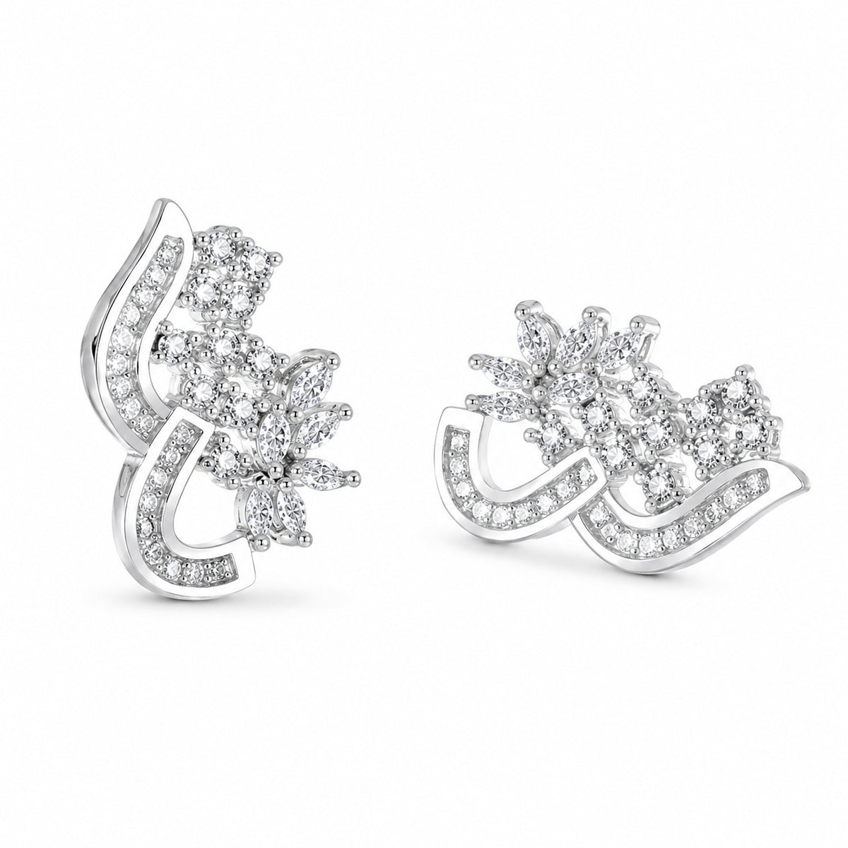 Curved floral CZ stud earrings in silver-plated copper - image 1