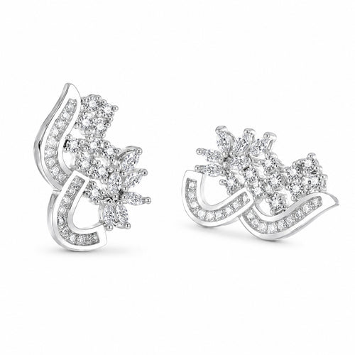 Curved floral CZ stud earrings in silver-plated copper - image 1