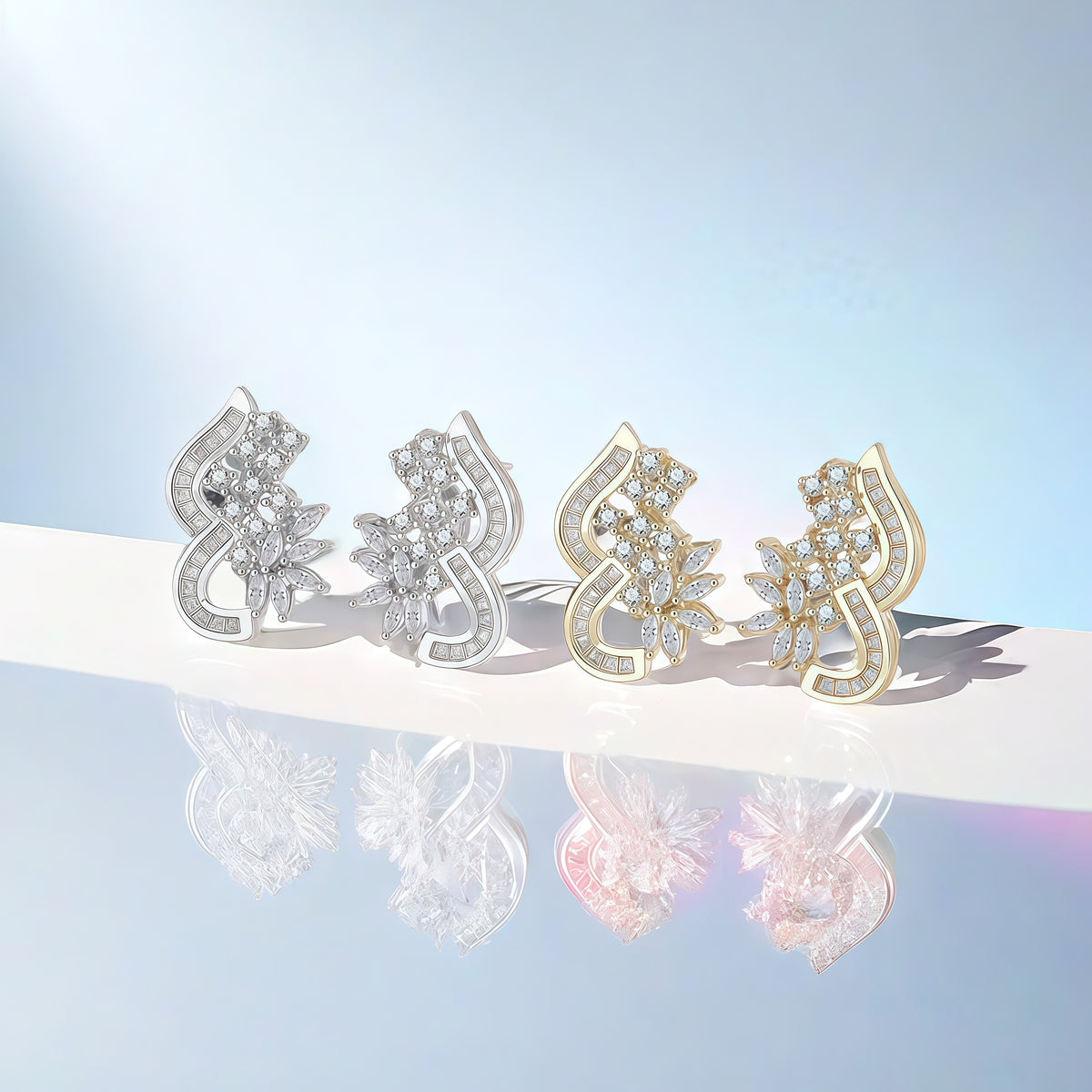 Clear CZ floral stud earrings detailed view - image 5