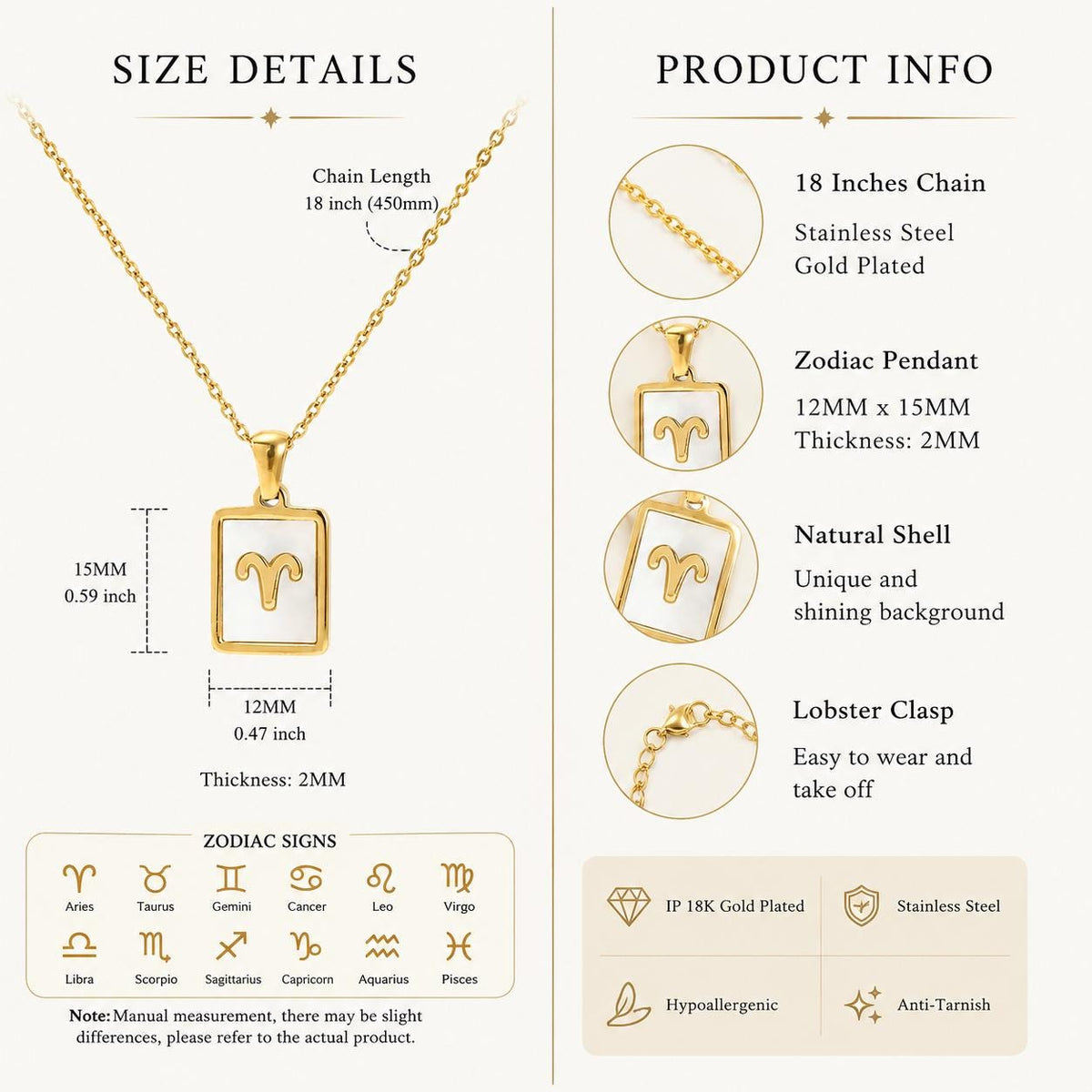 Gold Tone Zodiac Pendant Necklace, 18" Chain, Unisex Astrology Jewelry - image 2