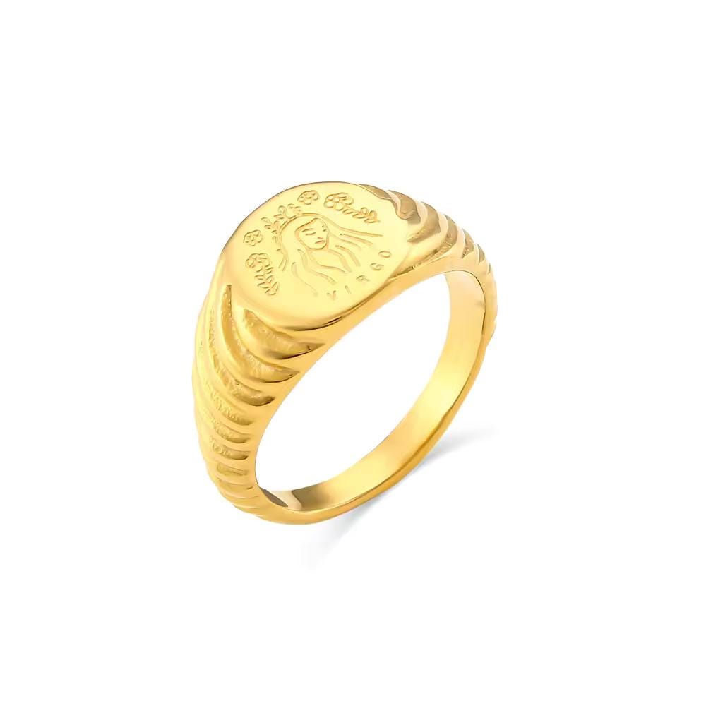 18K Gold Plated Zodiac Signet Ring, Stainless Steel Engraved Astrology Ring - image 1