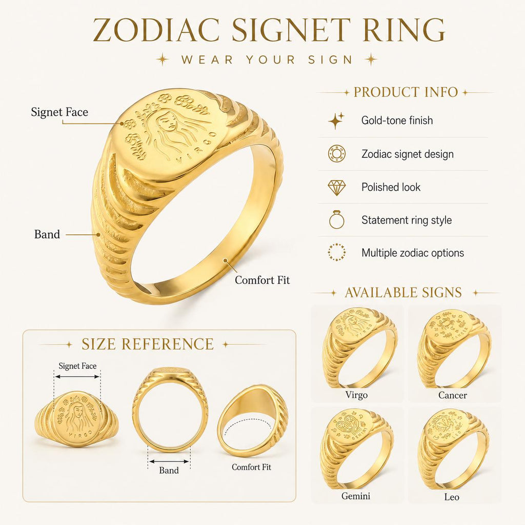 18K Gold Plated Zodiac Signet Ring, Stainless Steel Engraved Astrology Ring - image 2