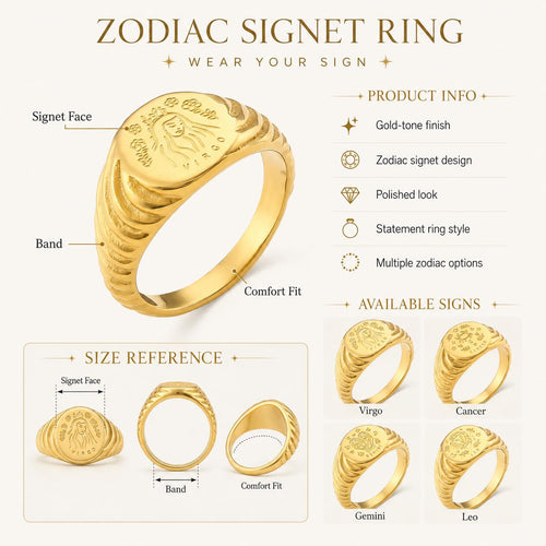 18K Gold Plated Zodiac Signet Ring, Stainless Steel Engraved Astrology Ring - image 2