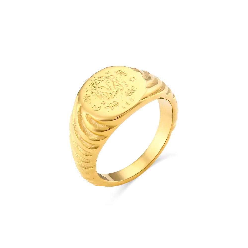 18K Gold Plated Zodiac Signet Ring, Stainless Steel Engraved Astrology Ring - image 5