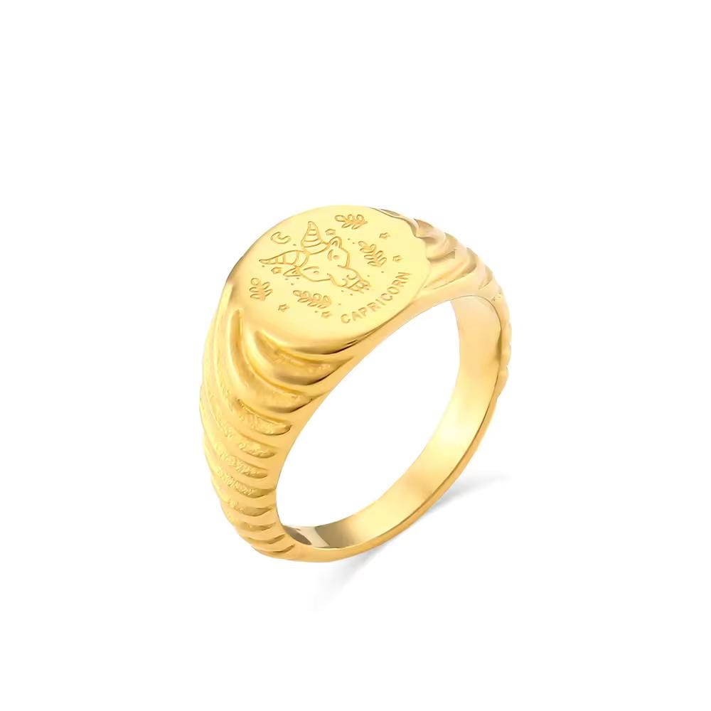 18K Gold Plated Zodiac Signet Ring, Stainless Steel Engraved Astrology Ring - image 7