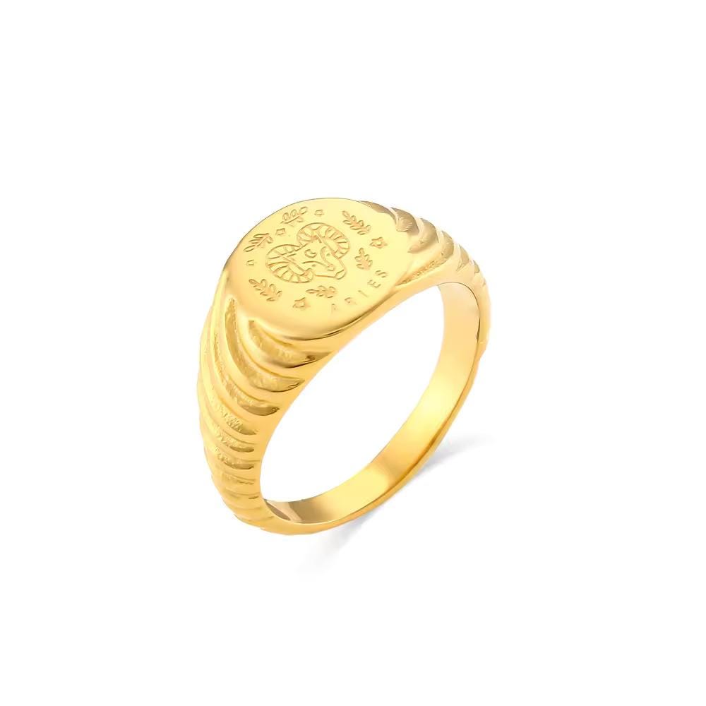 18K Gold Plated Zodiac Signet Ring, Stainless Steel Engraved Astrology Ring - image 8