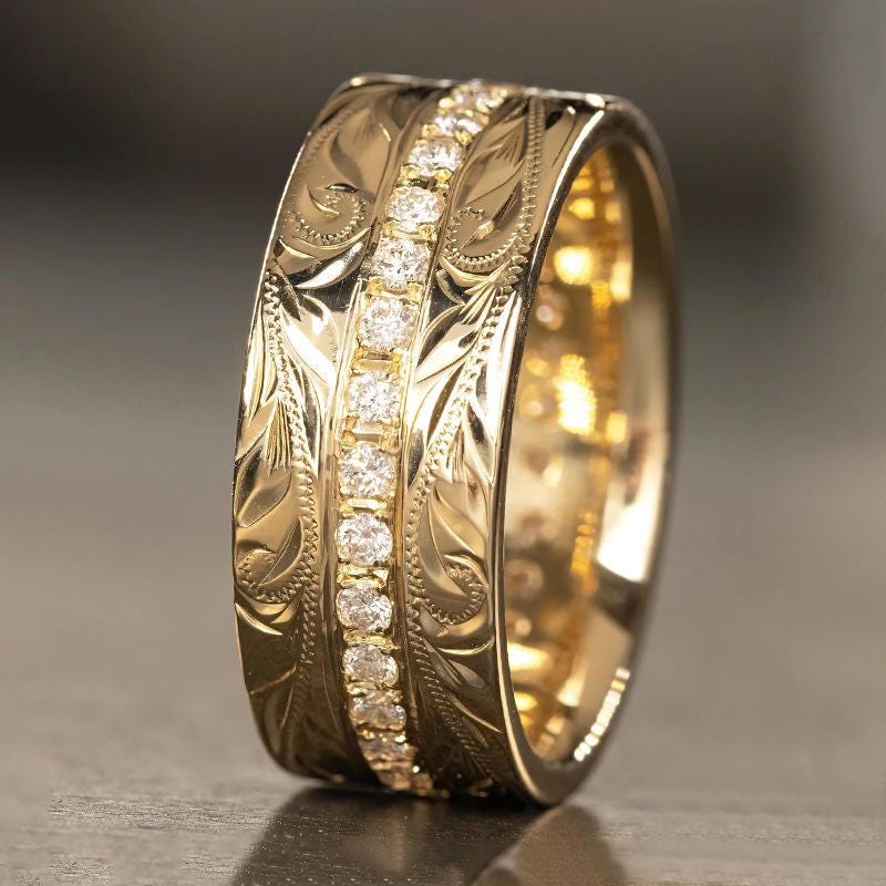 18K Gold Plated Hawaiian Engraved Band, Cubic Zirconia Wedding Ring - image 1