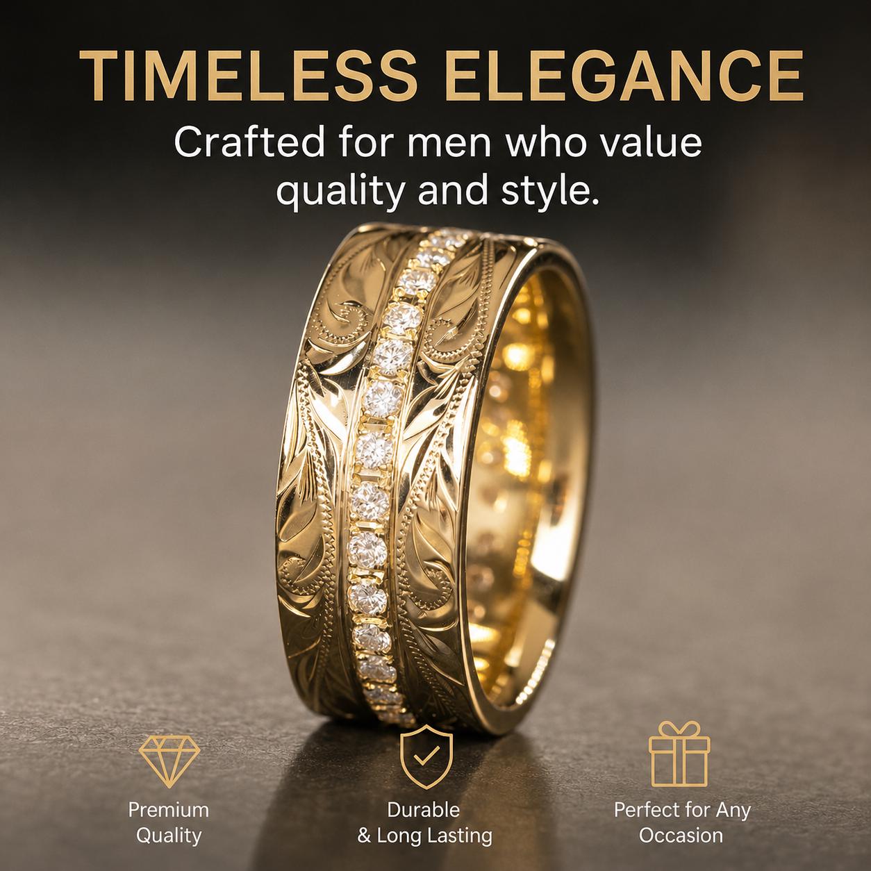 18K Gold Plated Hawaiian Engraved Band, Cubic Zirconia Wedding Ring - image 4