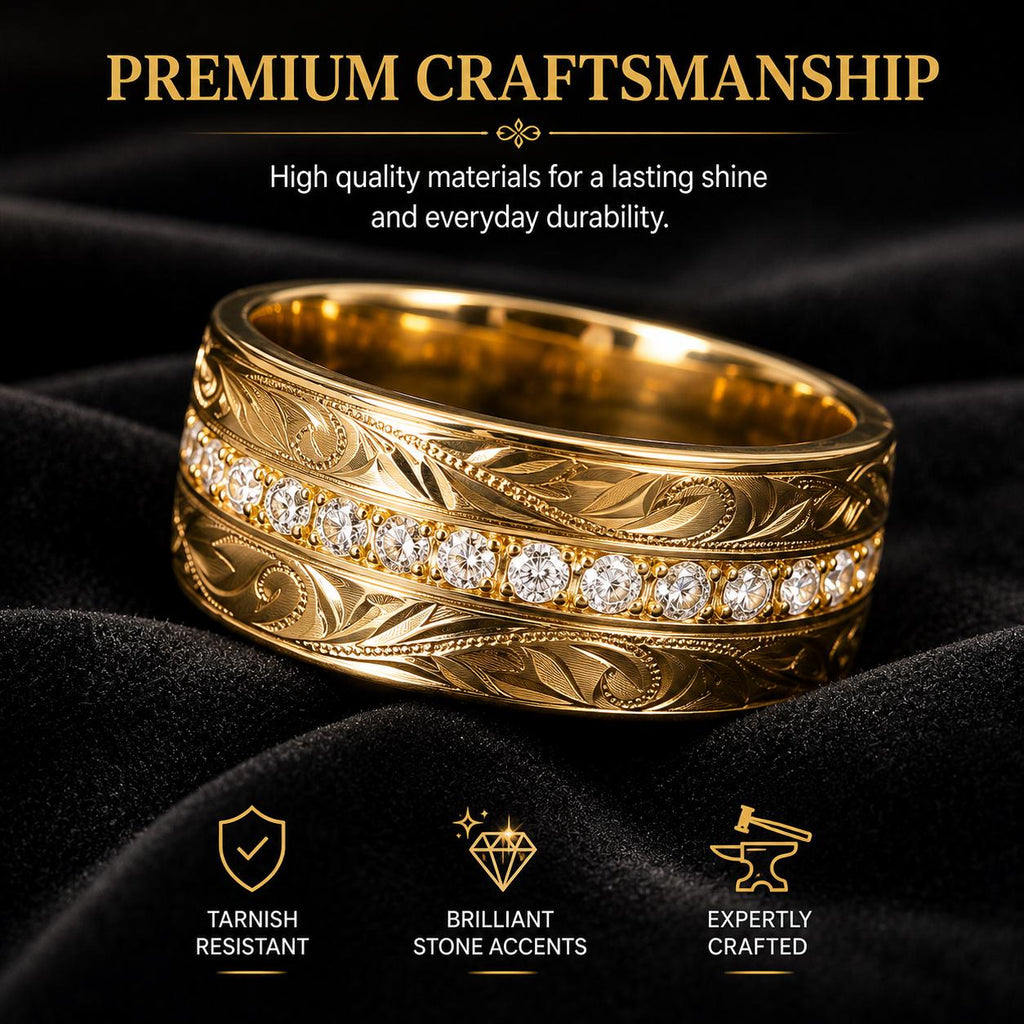 18K Gold Plated Hawaiian Engraved Band, Cubic Zirconia Wedding Ring - image 6