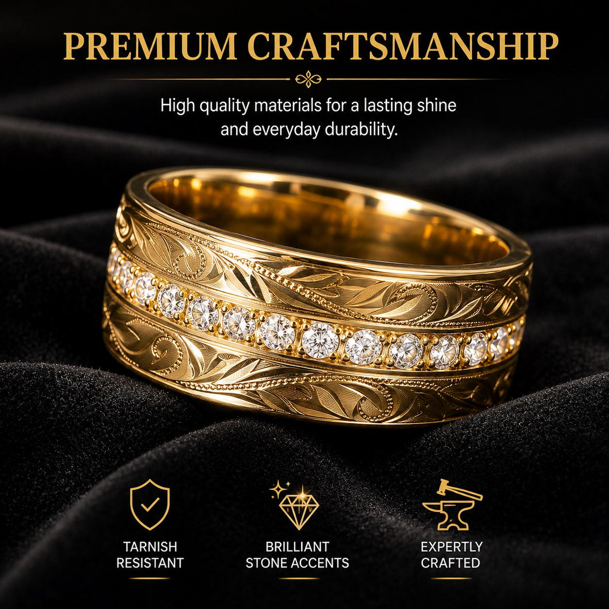18K Gold Plated Hawaiian Engraved Band, Cubic Zirconia Wedding Ring - image 6