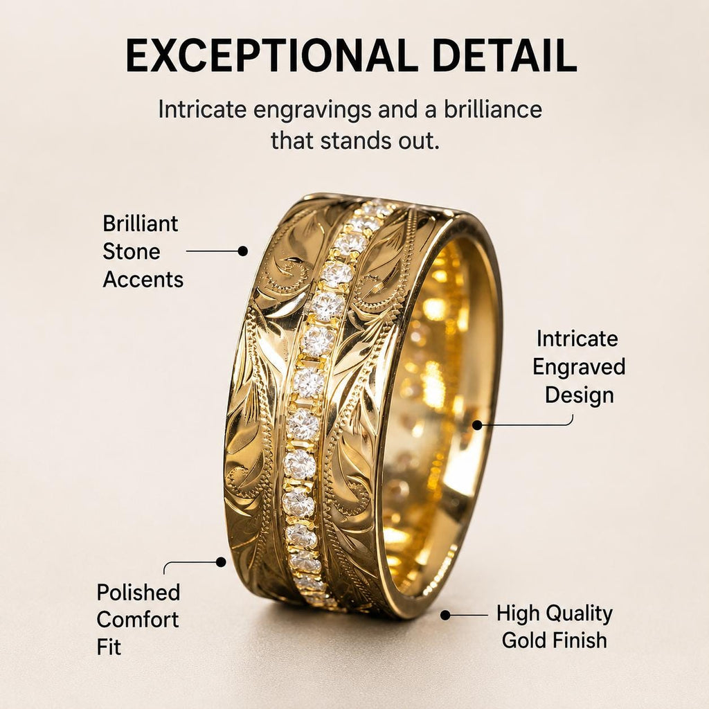 18K Gold Plated Hawaiian Engraved Band, Cubic Zirconia Wedding Ring - image 7