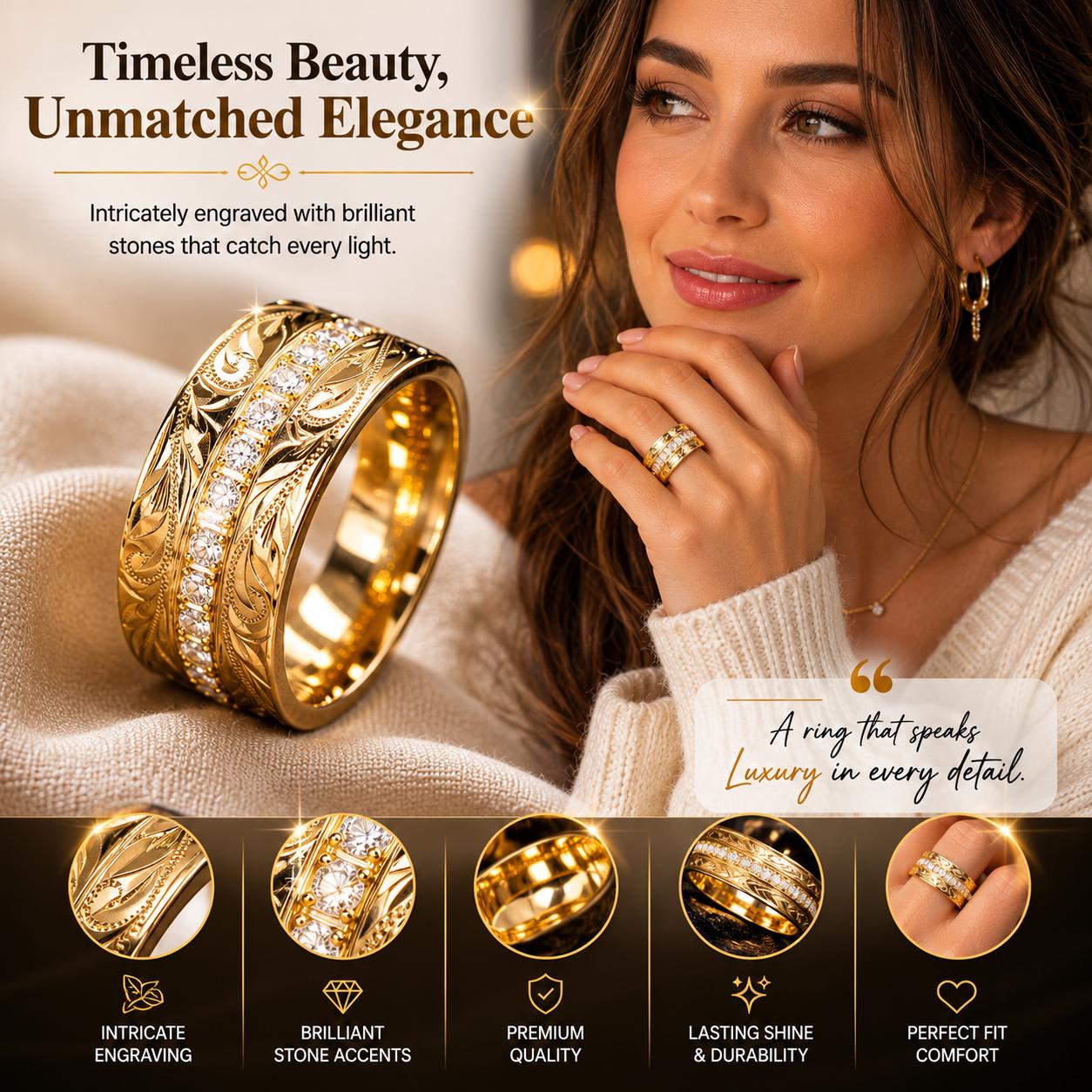 18K Gold Plated Hawaiian Engraved Band, Cubic Zirconia Wedding Ring - image 8