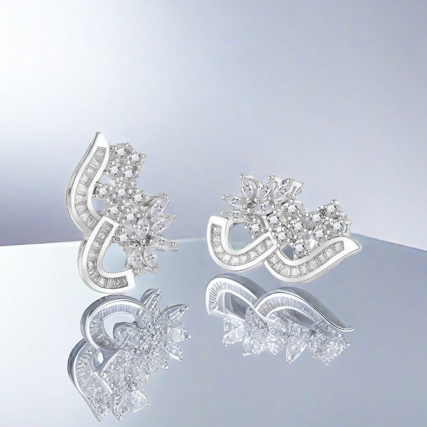 Silver-tone floral CZ statement stud earrings - image 3