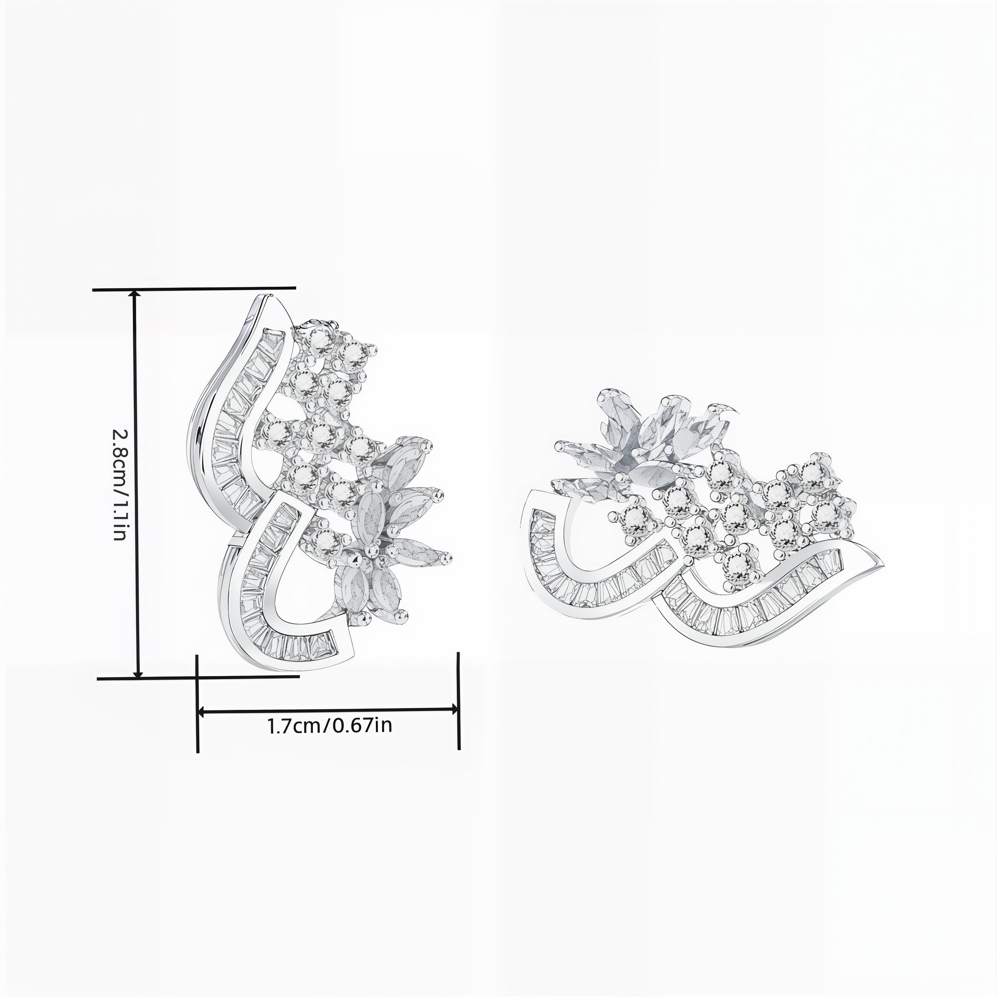 Curved floral crystal stud earrings product view - image 4