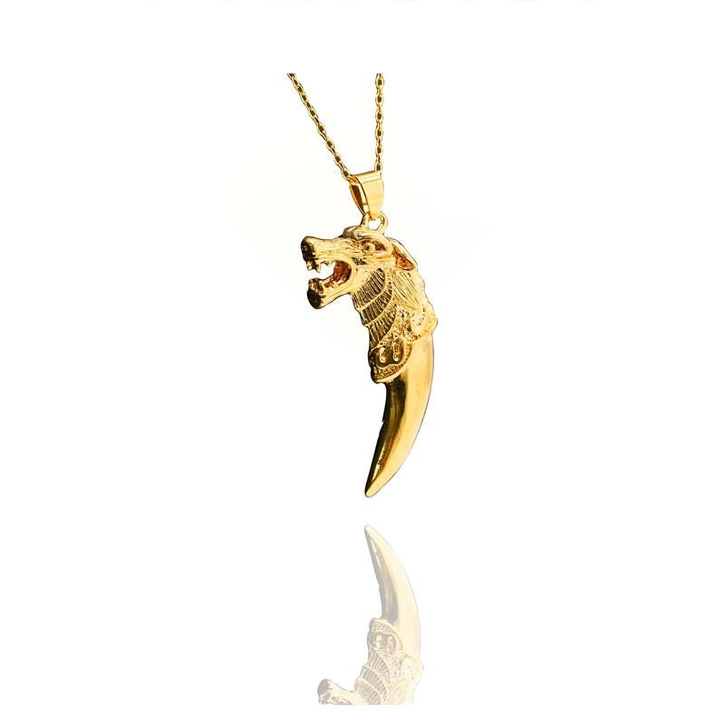 Gold Wolf Fang Pendant Necklace, Viking Wolf Head Tribal Amulet - image 1