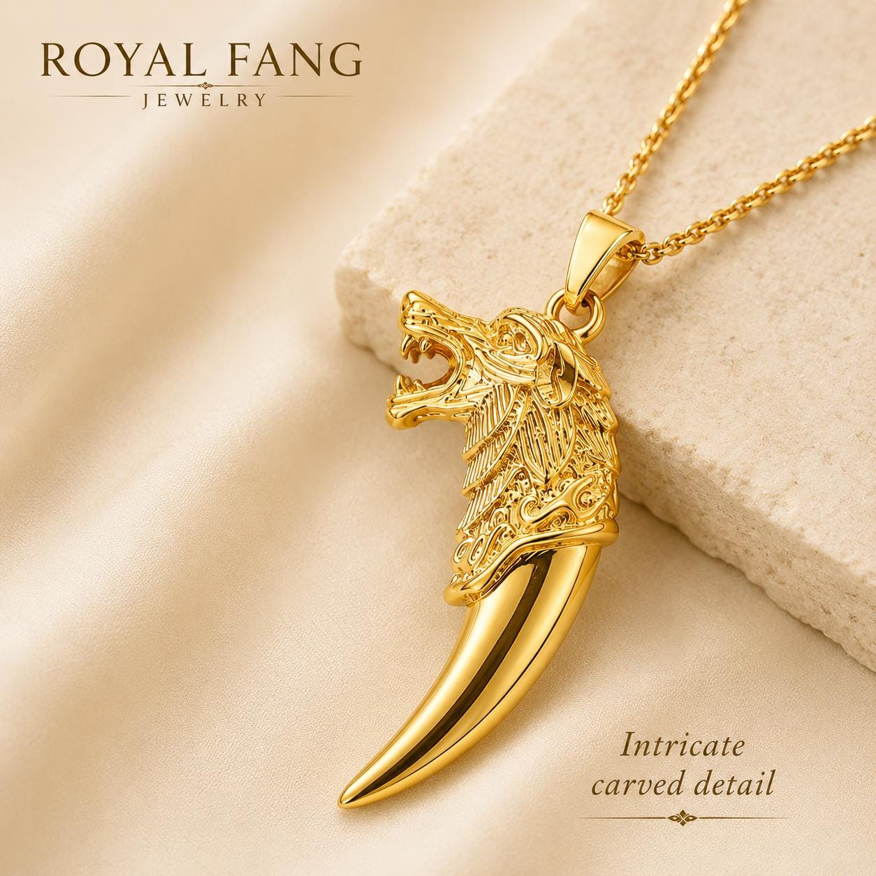 Gold Wolf Fang Pendant Necklace, Viking Wolf Head Tribal Amulet - image 5