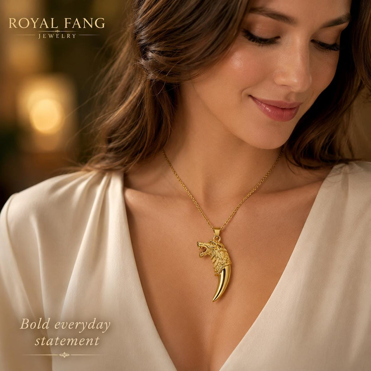 Gold Wolf Fang Pendant Necklace, Viking Wolf Head Tribal Amulet - image 3