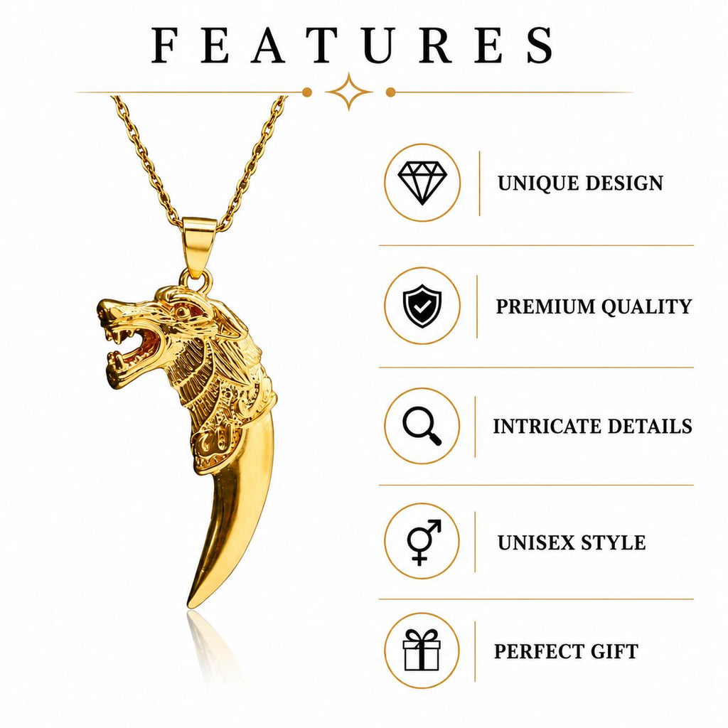 Gold Wolf Fang Pendant Necklace, Viking Wolf Head Tribal Amulet - image 4