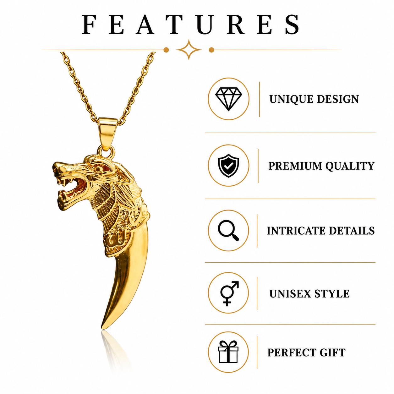 Gold Wolf Fang Pendant Necklace, Viking Wolf Head Tribal Amulet - image 4