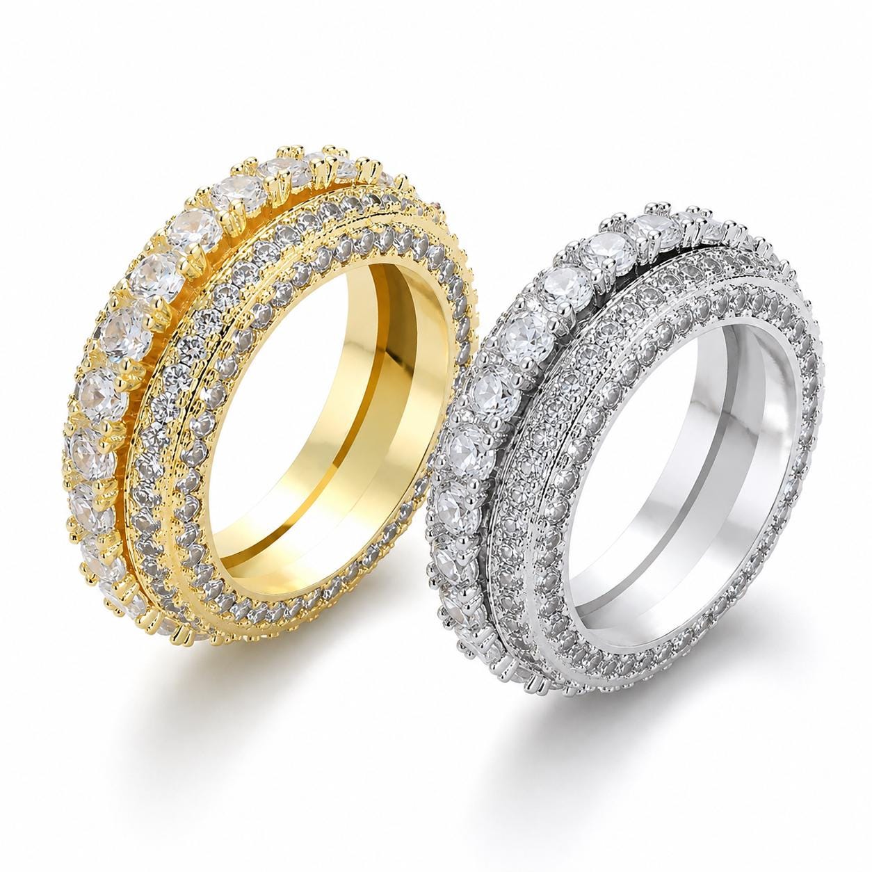 Set of 2 Spinner Rings, Gold Tone Silver Tone Zircon Band, Wide Statement Ring - image 1