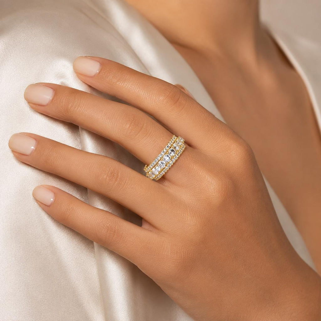 Set of 2 Spinner Rings, Gold Tone Silver Tone Zircon Band, Wide Statement Ring - image 5