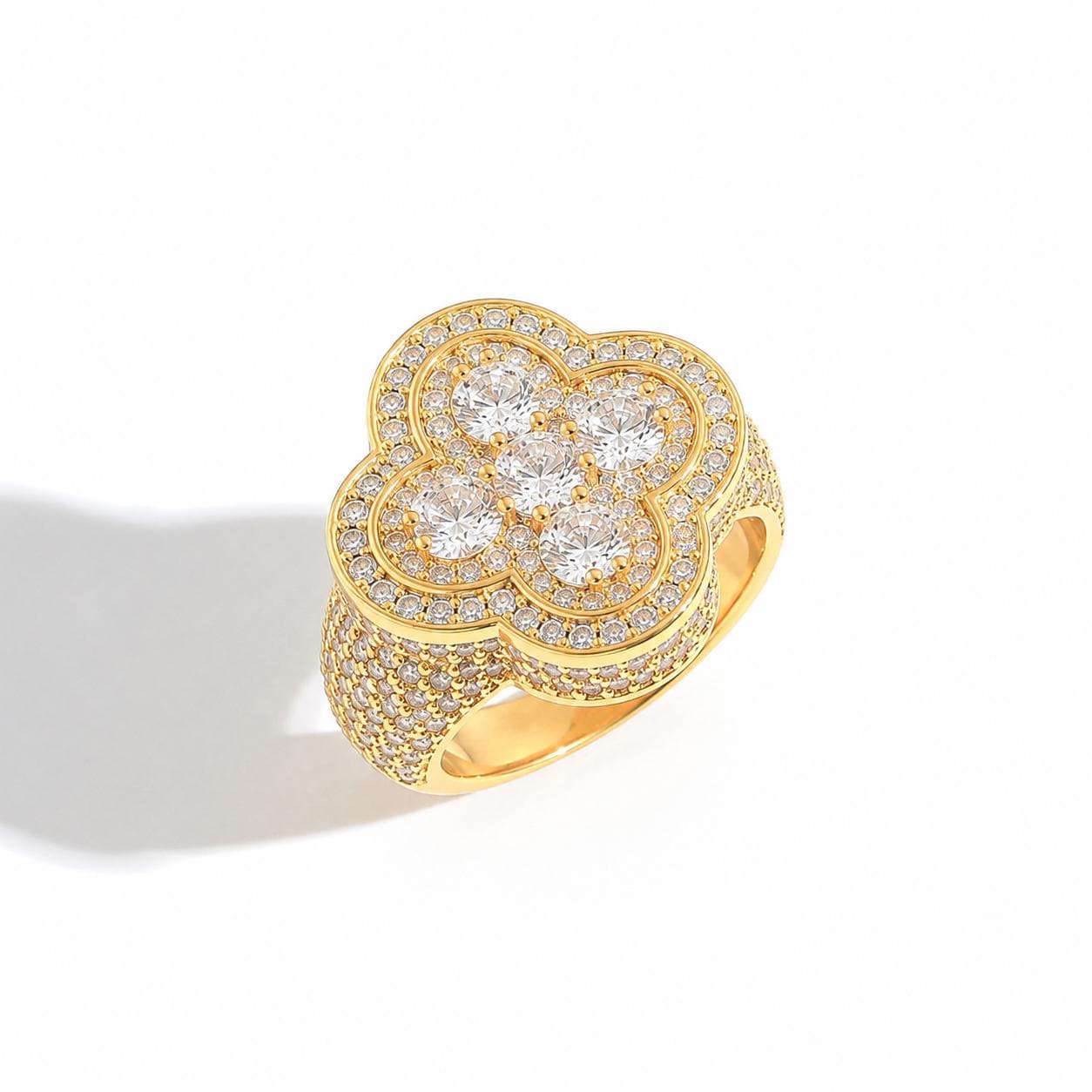 Iced Out Clover Ring, Gold Tone Zircon Statement Ring, Unisex Brass Hip Hop Jewelry - image 2