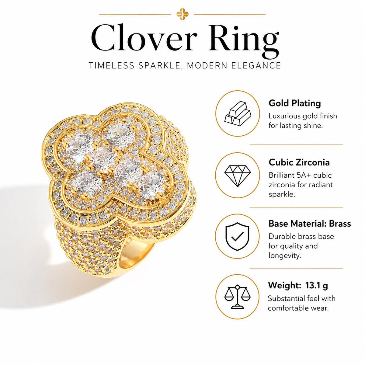 Iced Out Clover Ring, Gold Tone Zircon Statement Ring, Unisex Brass Hip Hop Jewelry - image 5
