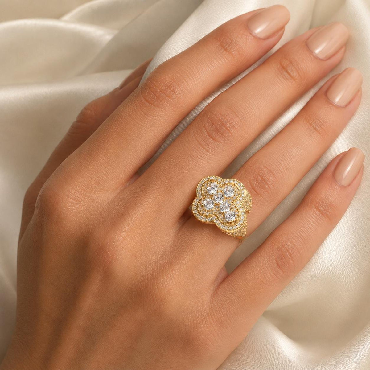 Iced Out Clover Ring, Gold Tone Zircon Statement Ring, Unisex Brass Hip Hop Jewelry - image 6