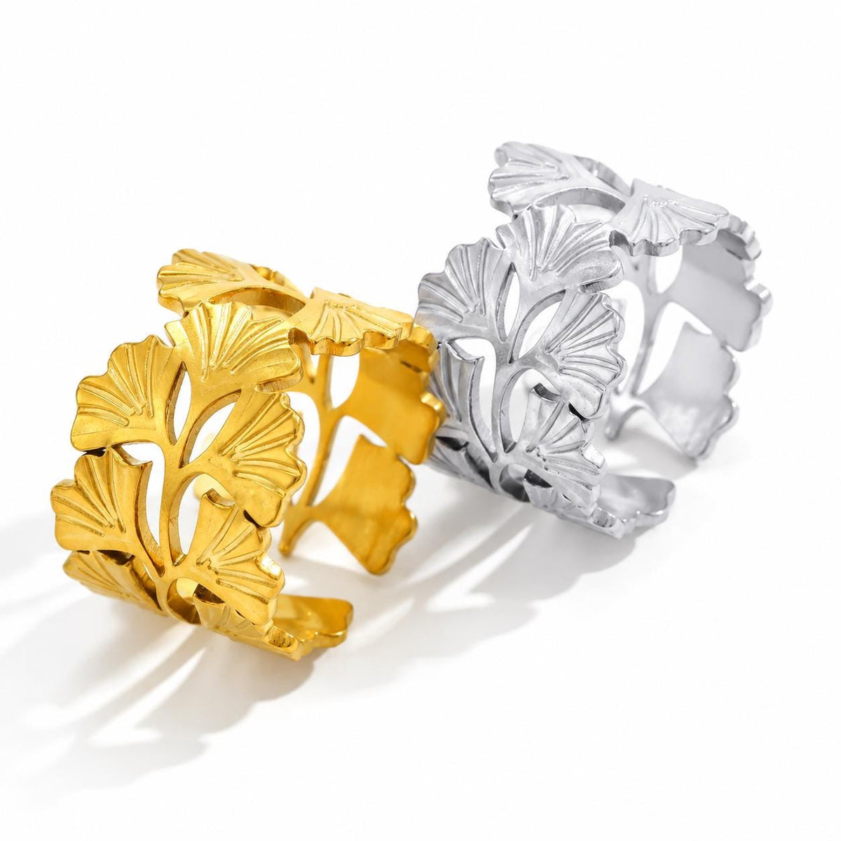 Set of 2 Leaf Cutout Rings, Gold Silver Statement, 18K Gold Plated Stainless Steel - image 1