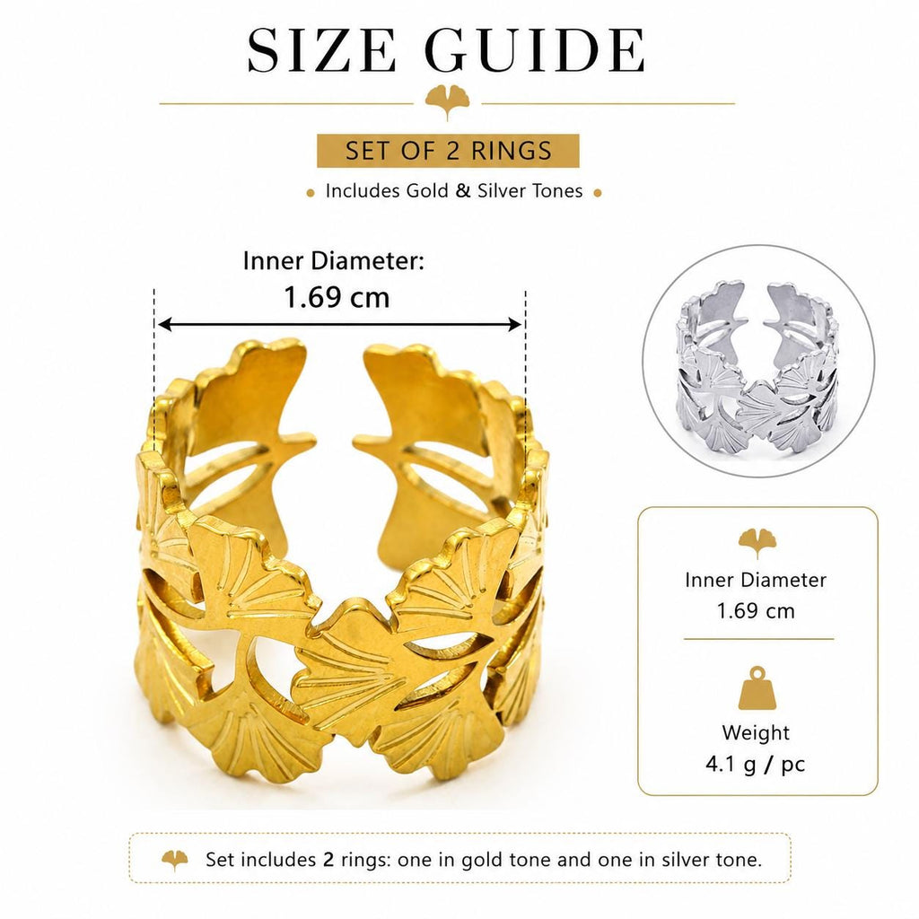 Set of 2 Leaf Cutout Rings, Gold Silver Statement, 18K Gold Plated Stainless Steel - image 4