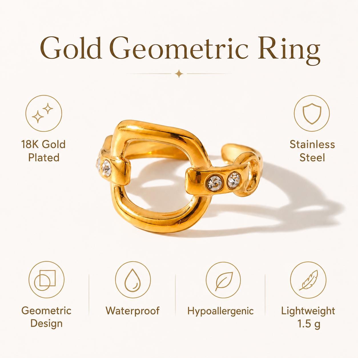 18K Gold PVD Horseshoe Geometric Ring, Stainless Steel Open Band, Waterproof Hypoallergenic - image 5