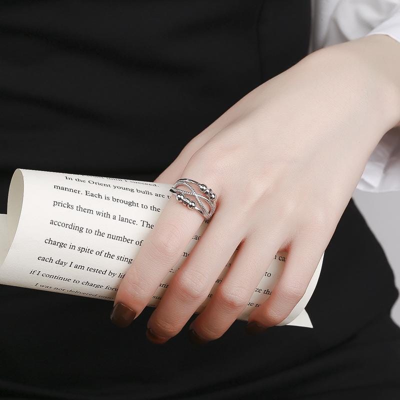 Silver Multi-Band Spinner Ring, Textured Beads, Adjustable Statement Jewelry - image 5