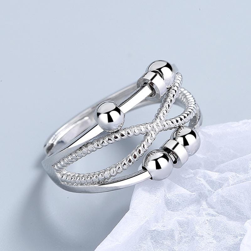 Silver Multi-Band Spinner Ring, Textured Beads, Adjustable Statement Jewelry - image 7