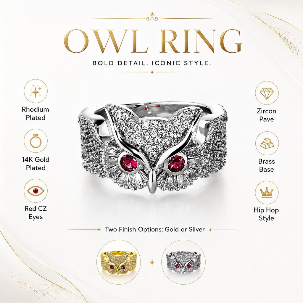 Iced Out Owl Ring, Red Zircon Eye Statement Ring, Brass Hip Hop Jewelry - image 4