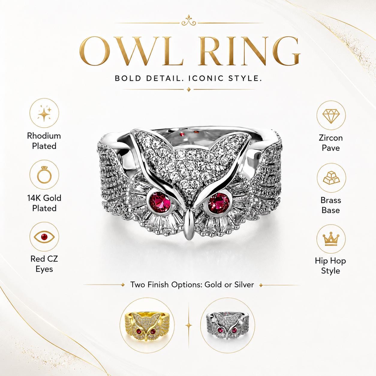 Iced Out Owl Ring, Red Zircon Eye Statement Ring, Brass Hip Hop Jewelry - image 4