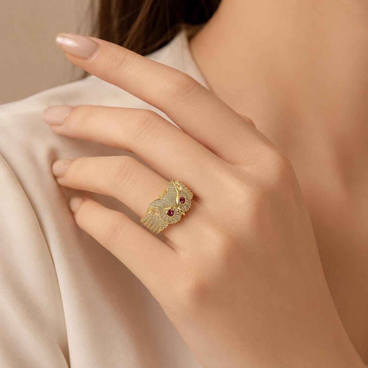 Iced Out Owl Ring, Red Zircon Eye Statement Ring, Brass Hip Hop Jewelry - image 3