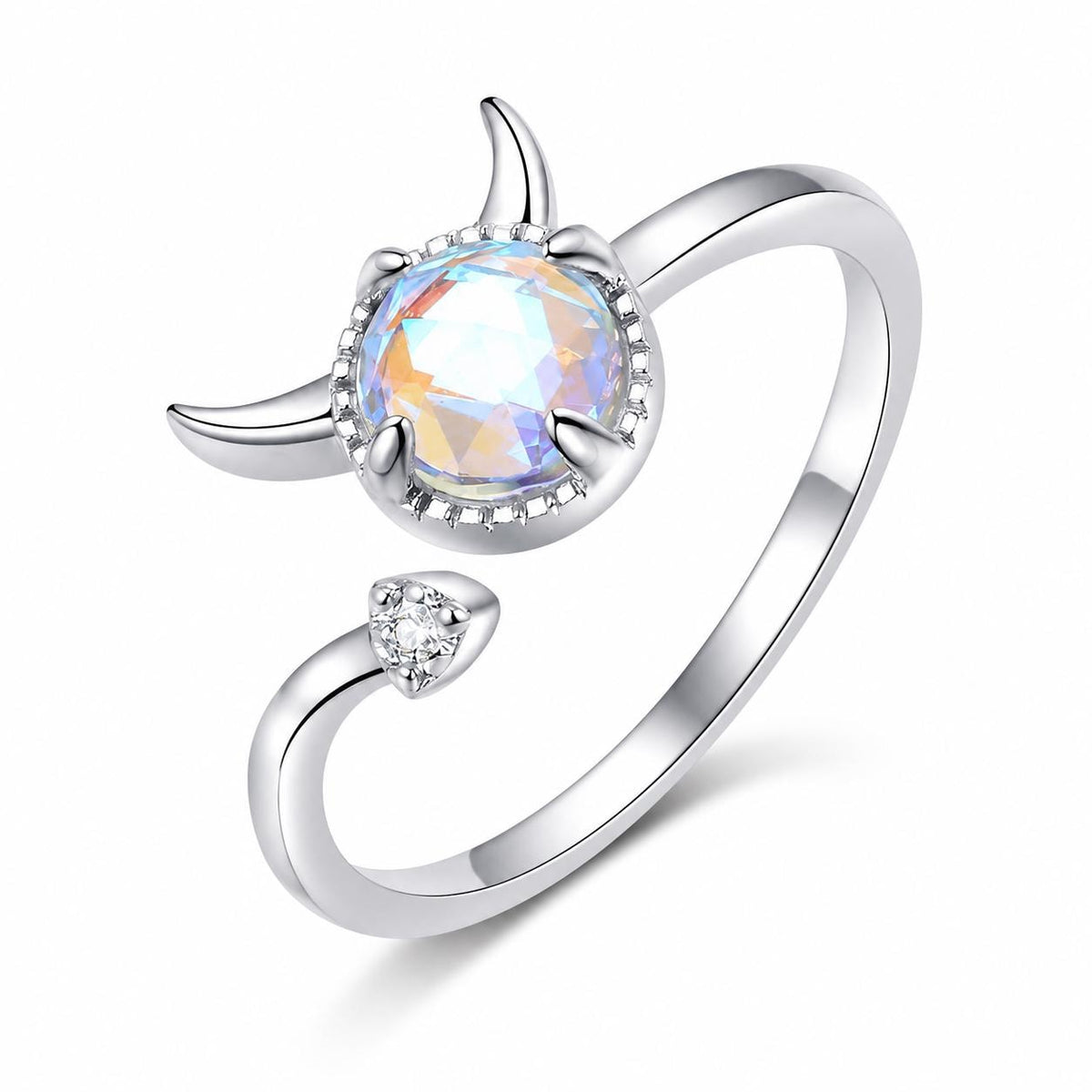 Devil Horn Ring, Iridescent Rainbow Stone, Rhodium Plated Brass, Adjustable Statement Ring - image 1