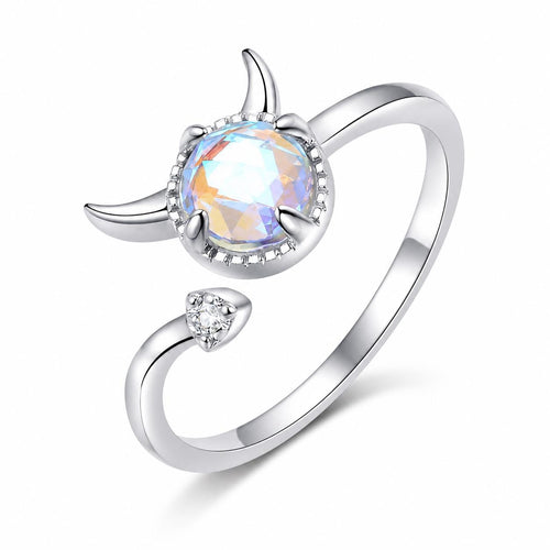 Devil Horn Ring, Iridescent Rainbow Stone, Rhodium Plated Brass, Adjustable Statement Ring - image 1