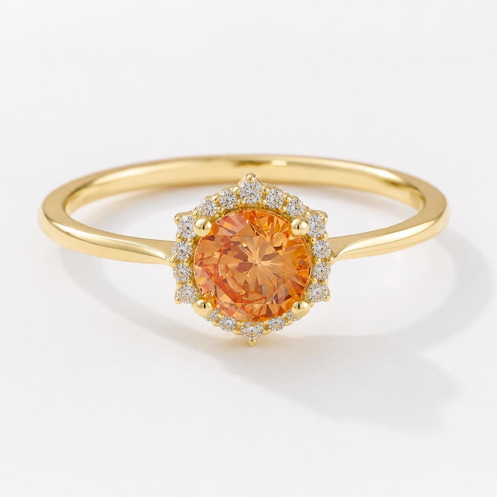 Orange Zircon Halo Ring, Gold Plated Silver, Round Brilliant Cut Wedding Band - image 1