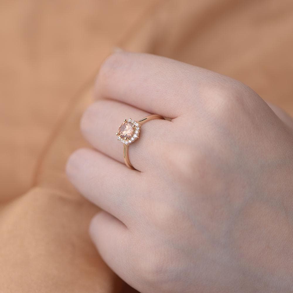 Orange Zircon Halo Ring, Gold Plated Silver, Round Brilliant Cut Wedding Band - image 6