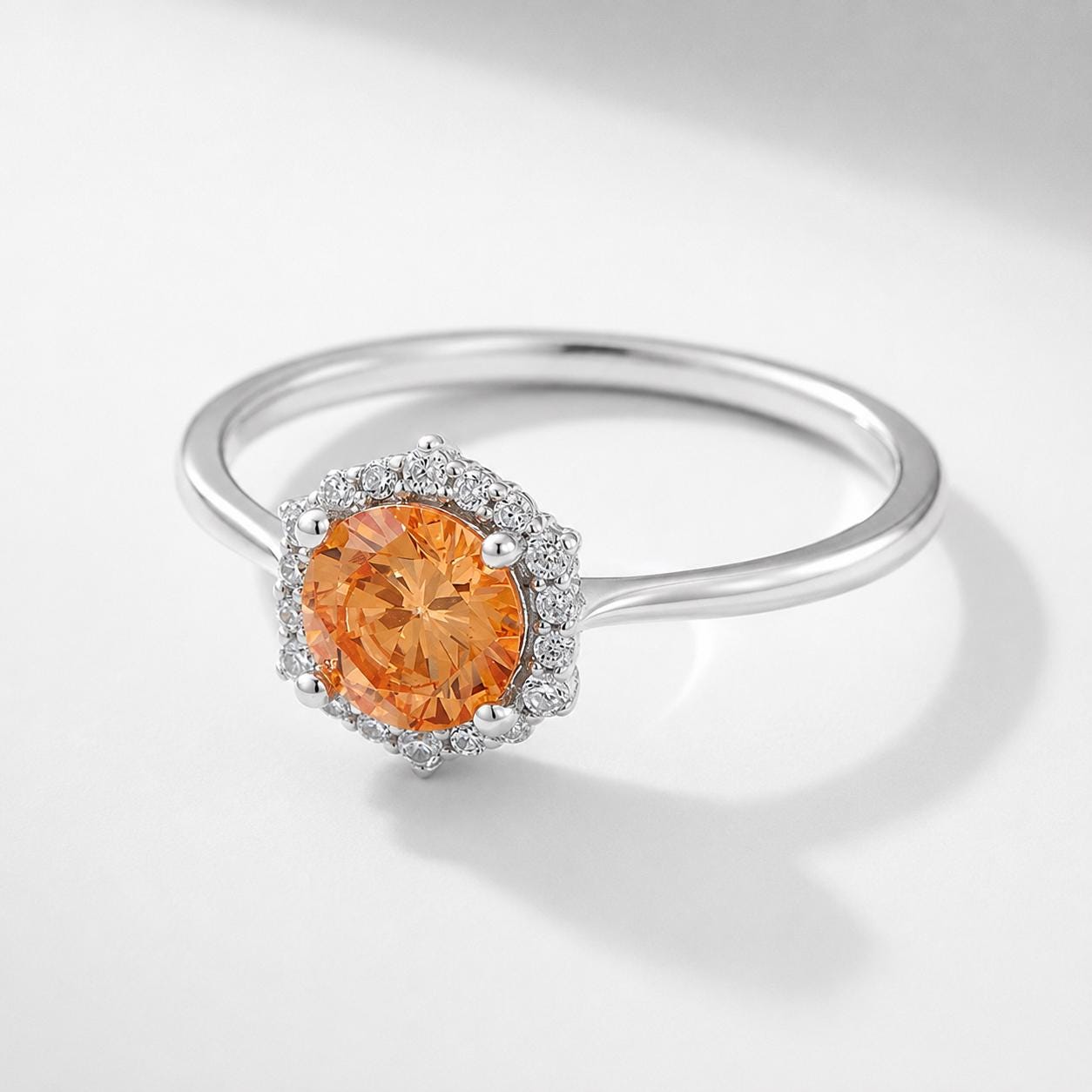Orange Zircon Halo Ring, Gold Plated Silver, Round Brilliant Cut Wedding Band - image 5