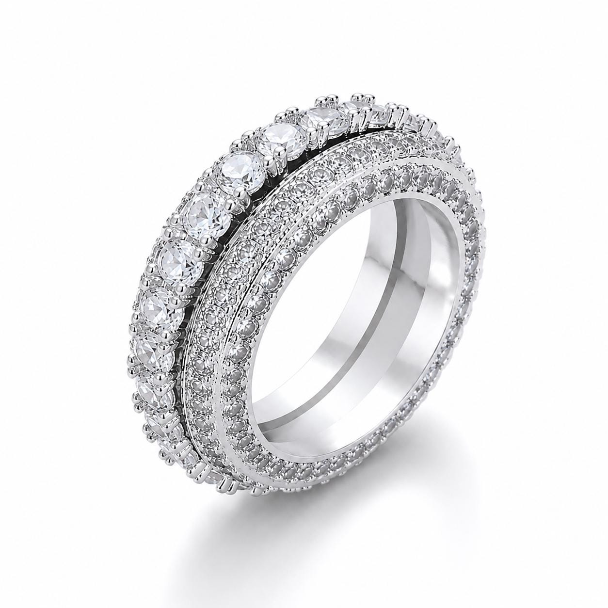 Set of 2 Spinner Rings, Gold Tone Silver Tone Zircon Band, Wide Statement Ring - image 3