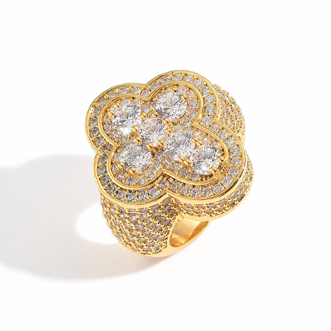 Iced Out Clover Ring, Gold Tone Zircon Statement Ring, Unisex Brass Hip Hop Jewelry - image 1