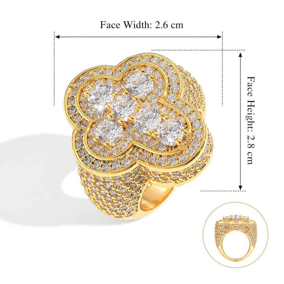 Iced Out Clover Ring, Gold Tone Zircon Statement Ring, Unisex Brass Hip Hop Jewelry - image 4