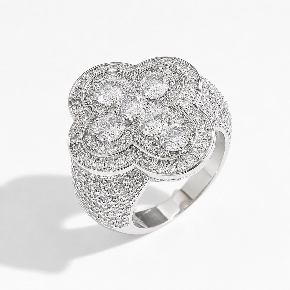 Iced Out Clover Ring, Gold Tone Zircon Statement Ring, Unisex Brass Hip Hop Jewelry - image 3