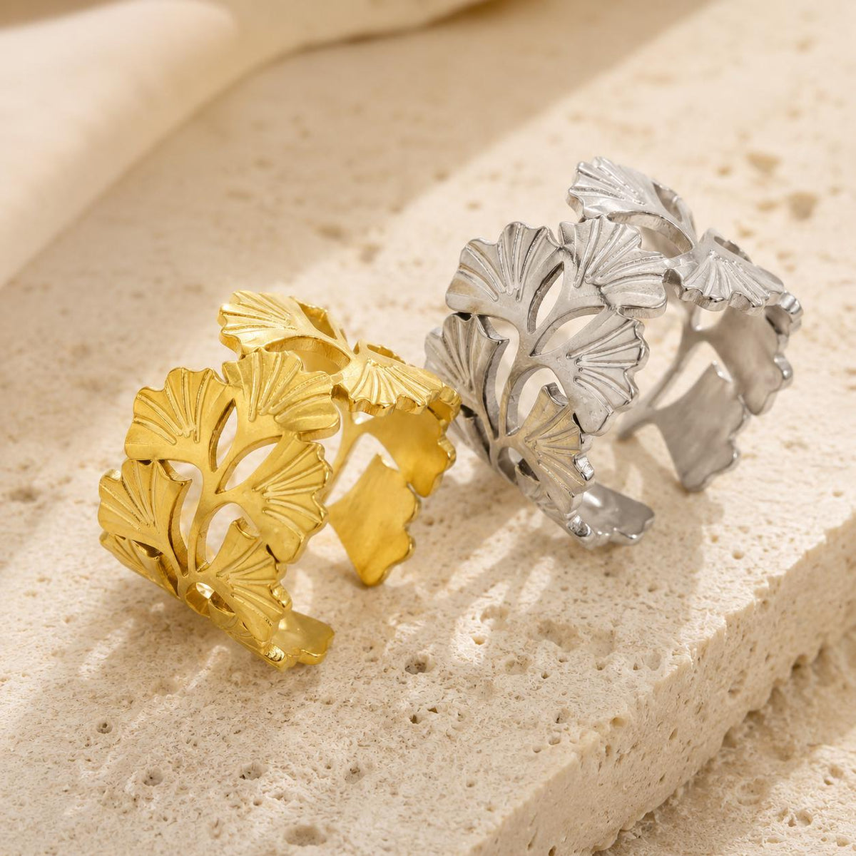 Set of 2 Leaf Cutout Rings, Gold Silver Statement, 18K Gold Plated Stainless Steel - image 2