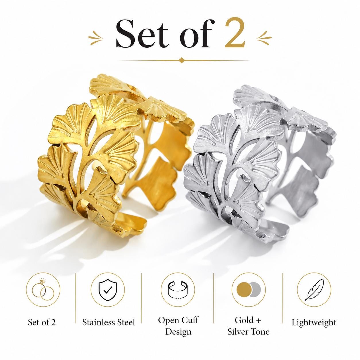 Set of 2 Leaf Cutout Rings, Gold Silver Statement, 18K Gold Plated Stainless Steel - image 5