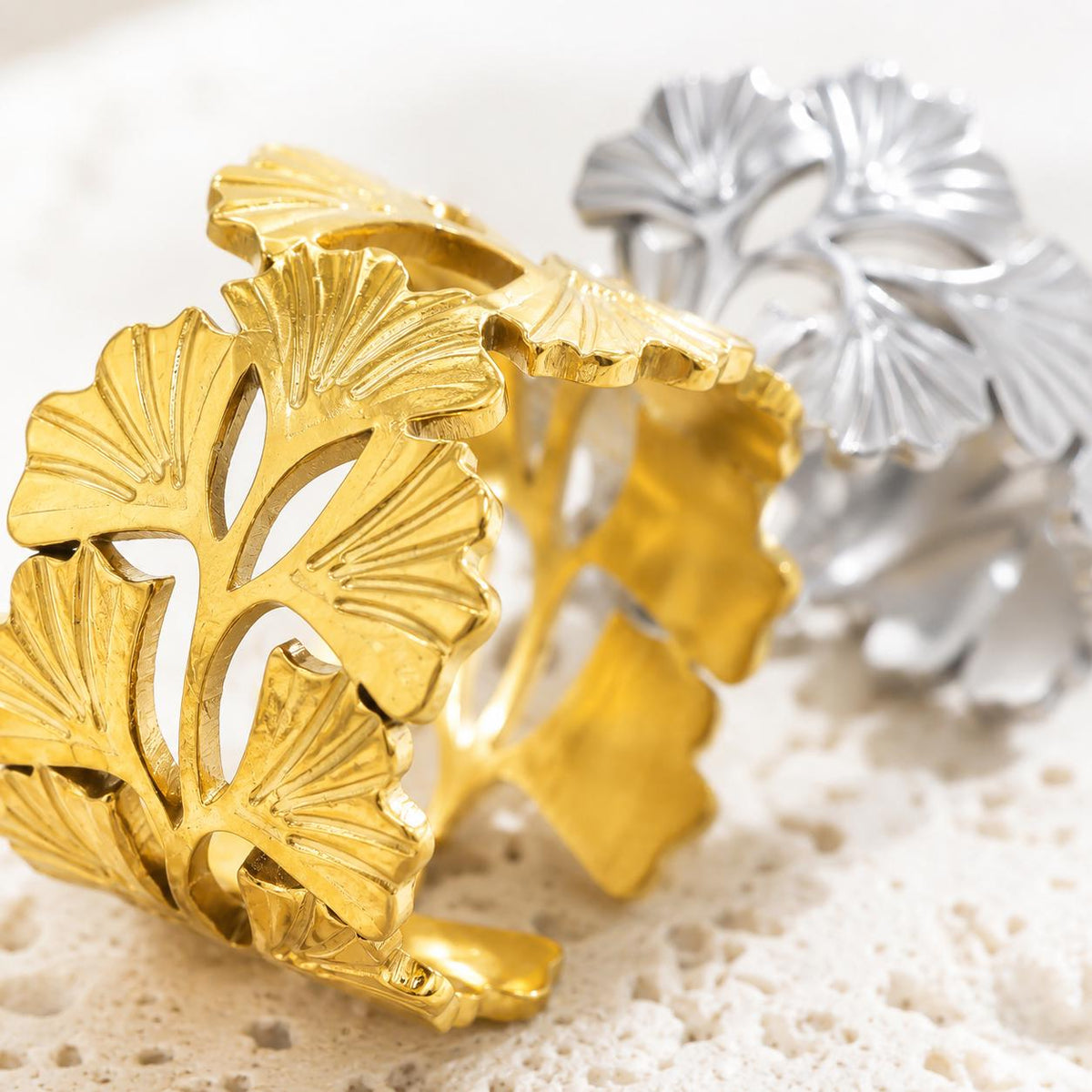 Set of 2 Leaf Cutout Rings, Gold Silver Statement, 18K Gold Plated Stainless Steel - image 6