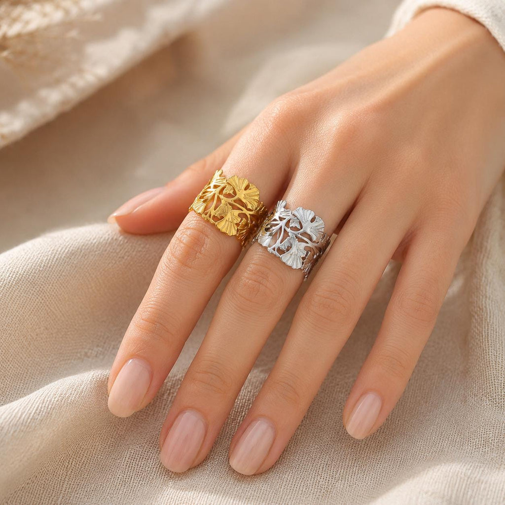 Set of 2 Leaf Cutout Rings, Gold Silver Statement, 18K Gold Plated Stainless Steel - image 3
