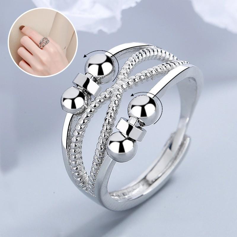 Silver Multi-Band Spinner Ring, Textured Beads, Adjustable Statement Jewelry - image 3